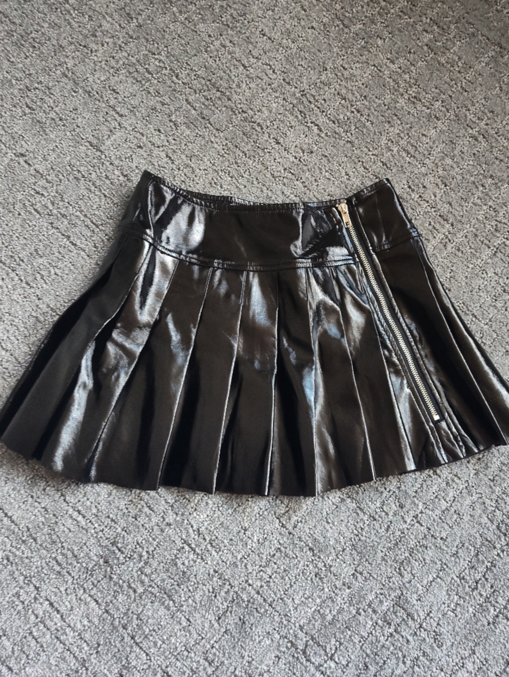 Black Faux Leather Pleated Mini Skirt with Exposed Zip
